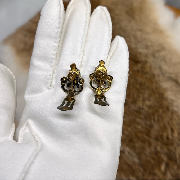 Vtg Victorian Austria Peking Glass Bead Faux Turquoise & Pearls Clip On Earrings - Picture 9 of 9